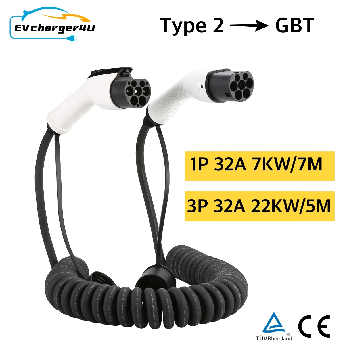 EVcharger4U 5M/7M Spiral EV Ch - Ev Charger Type 2 22Kw 32A 3 Phase recension och pris
